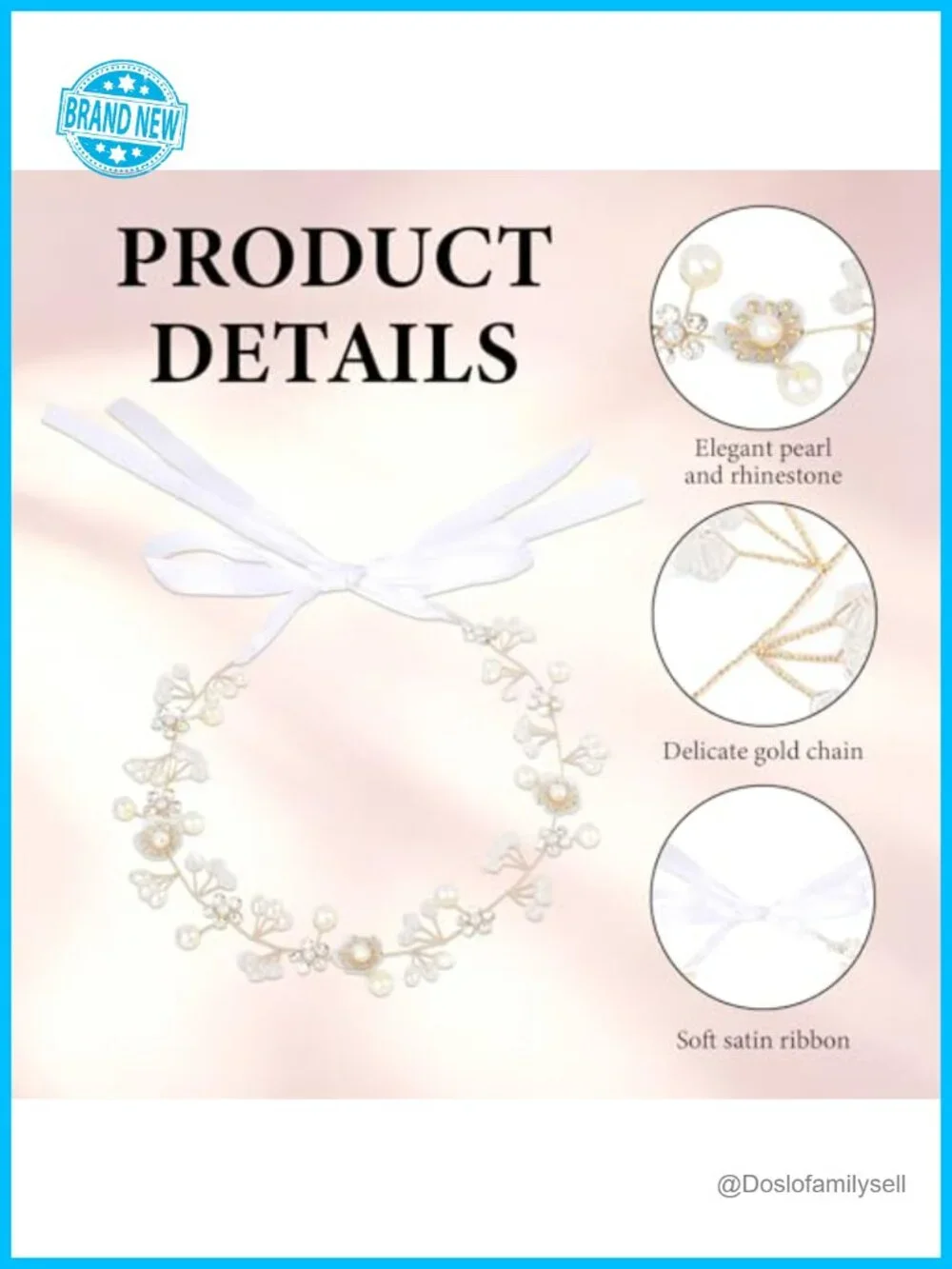 Gold Rhinestone Flower Hair Vine with Pearl, White Satin Ribbon Tie, Boho